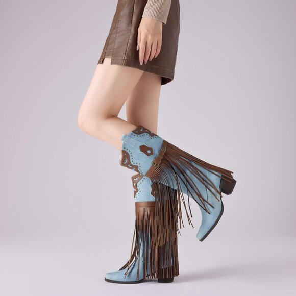 ⚡Women's Blue Fringe Embroidered Western Knee High Cowgirl Boots Chunky Heel - Picture 3 of 6